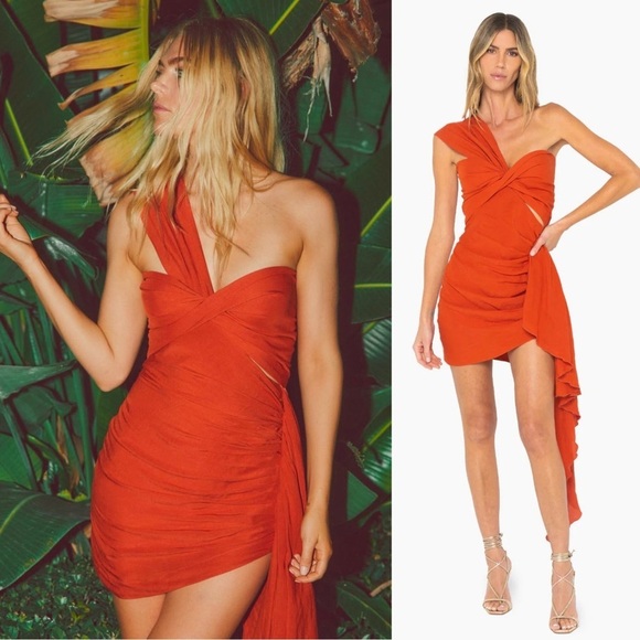 JUST BEE QUEEN Linen Asymmetric Draped 1 Shoulder Cutout Ruched Solange Dress L - Picture 1 of 14